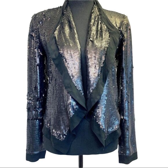 Club Monaco Womens XS Cora Silk Sequin Blazer Jacket Black Drape Front - Picture 2 of 11